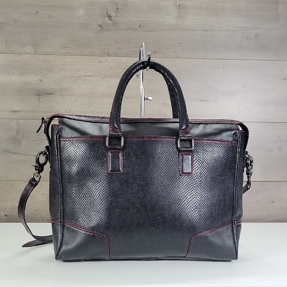 Karpassi Black Leather Briefcase Laptop Bag with Red Stitching